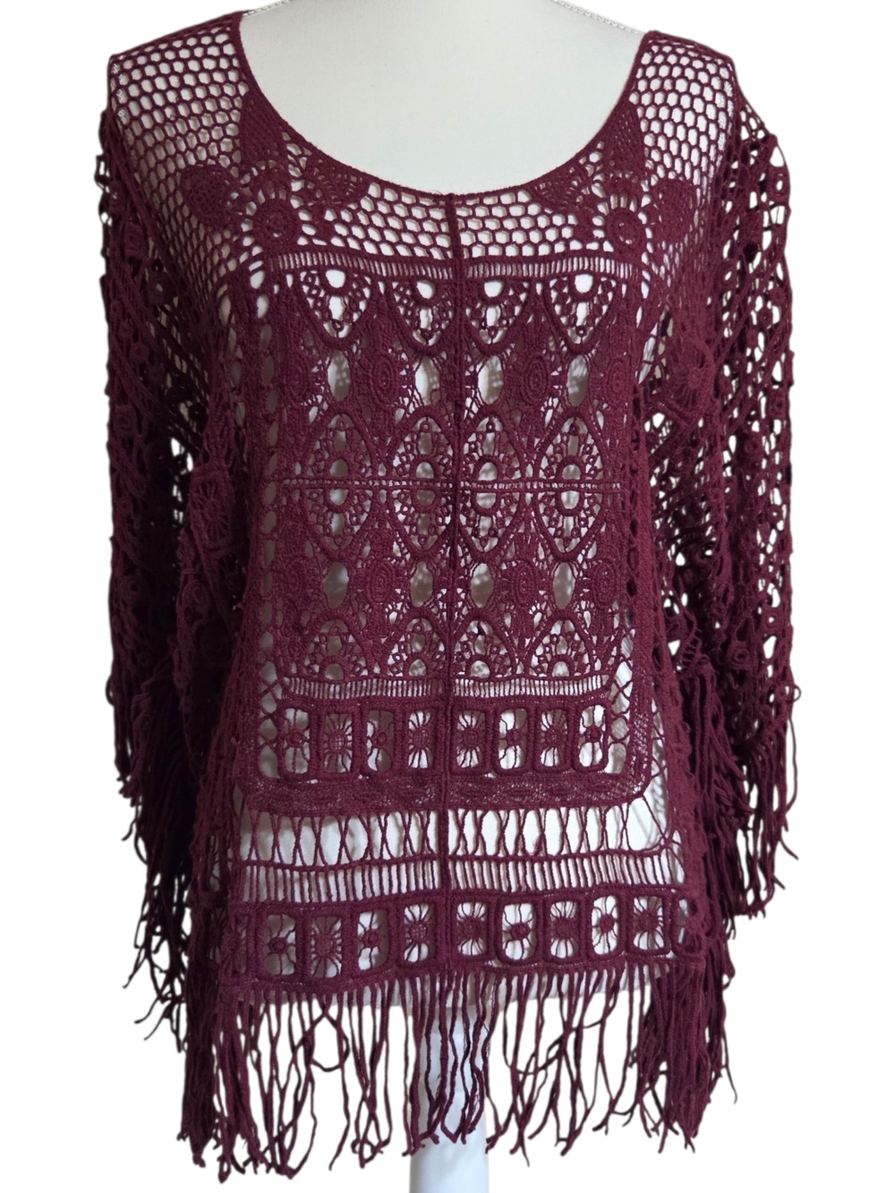 Burgandy Crochet Fringe Sweater
